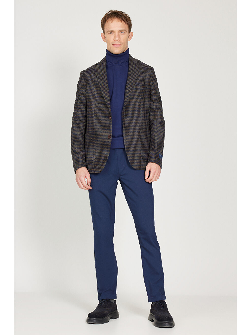 Erkek Kahverengi-Lacivert Slim Fit Dar Kesim Mono Yaka Desenli Yünlü Ceket-1