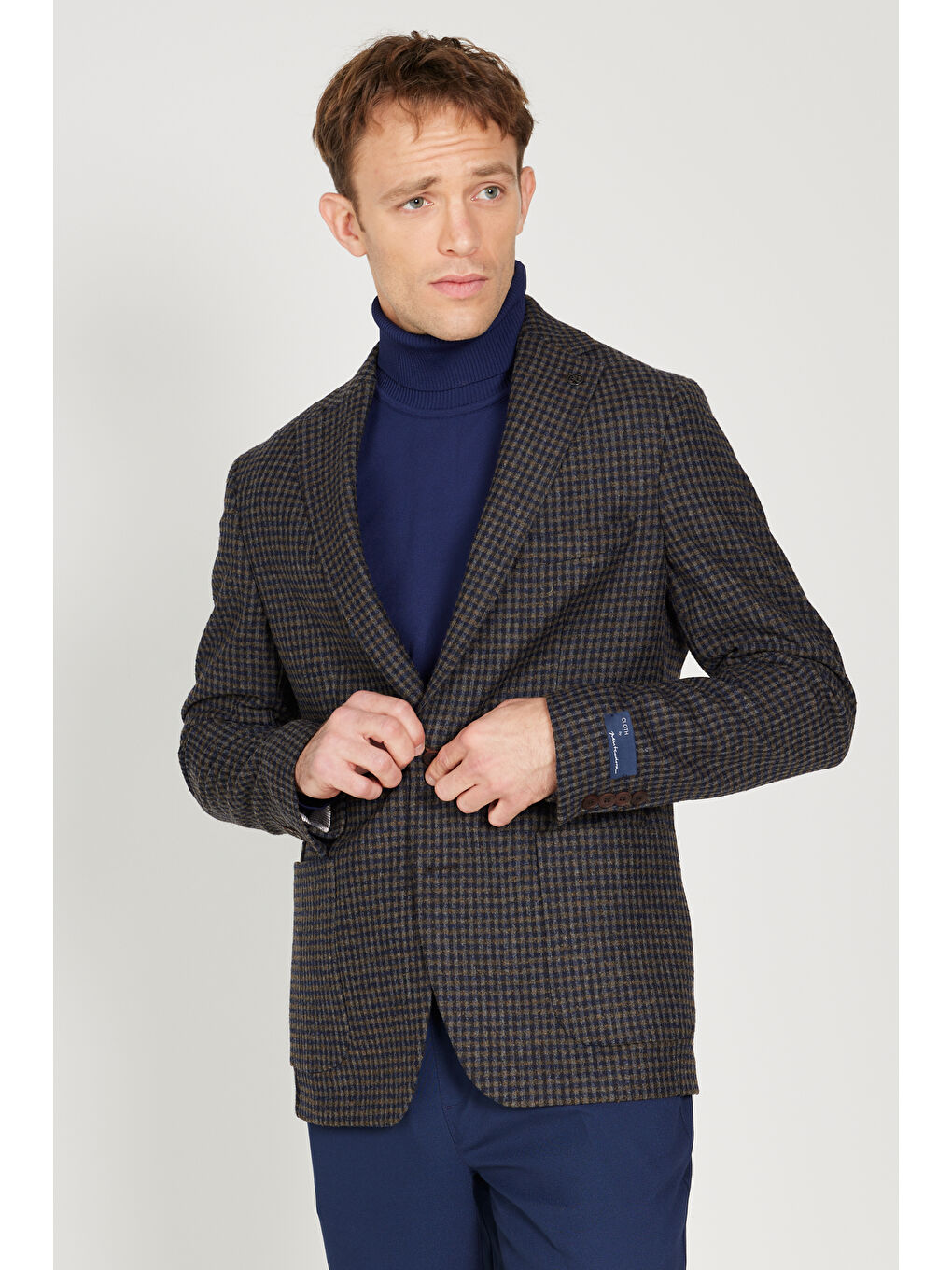 Erkek Kahverengi-Lacivert Slim Fit Dar Kesim Mono Yaka Desenli Yünlü Ceket-2