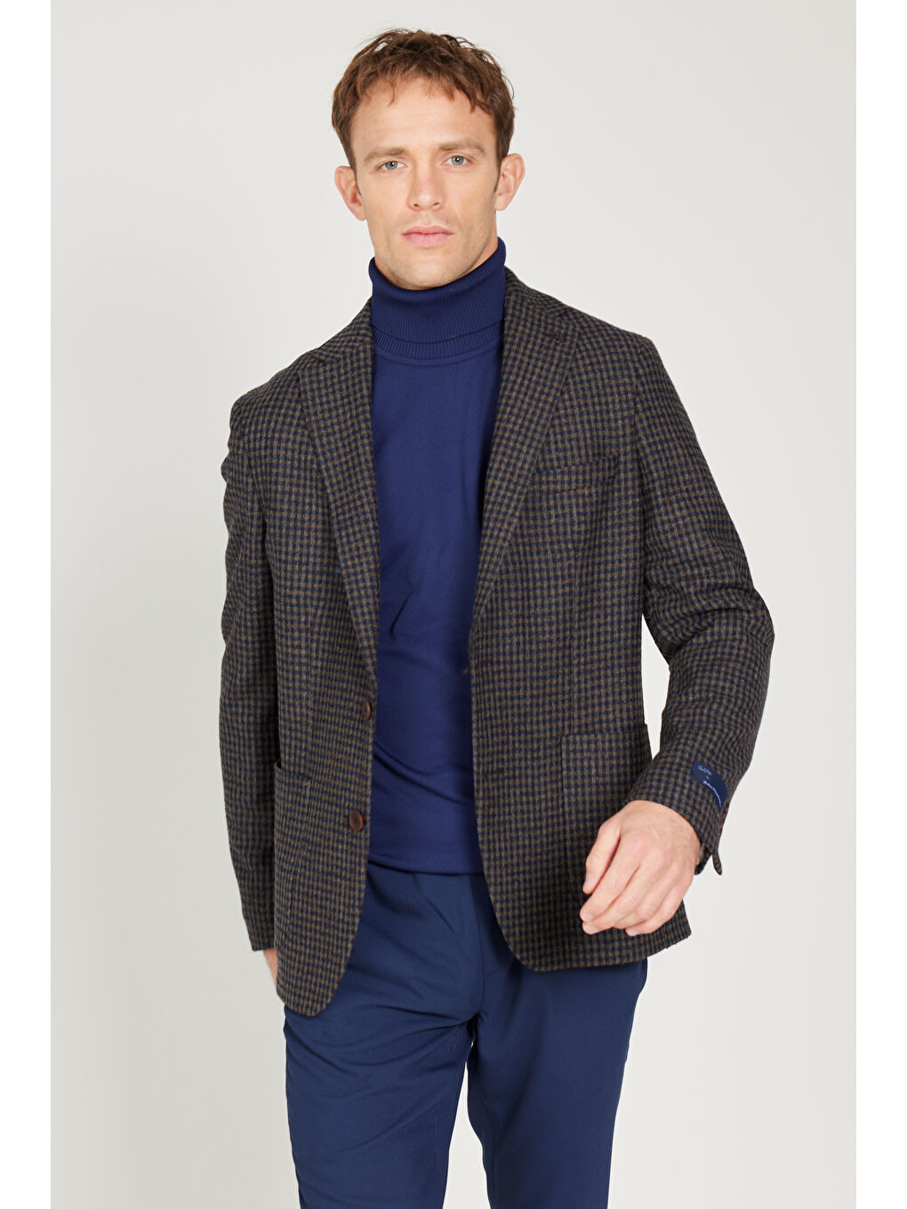 Erkek Kahverengi-Lacivert Slim Fit Dar Kesim Mono Yaka Desenli Yünlü Ceket-3