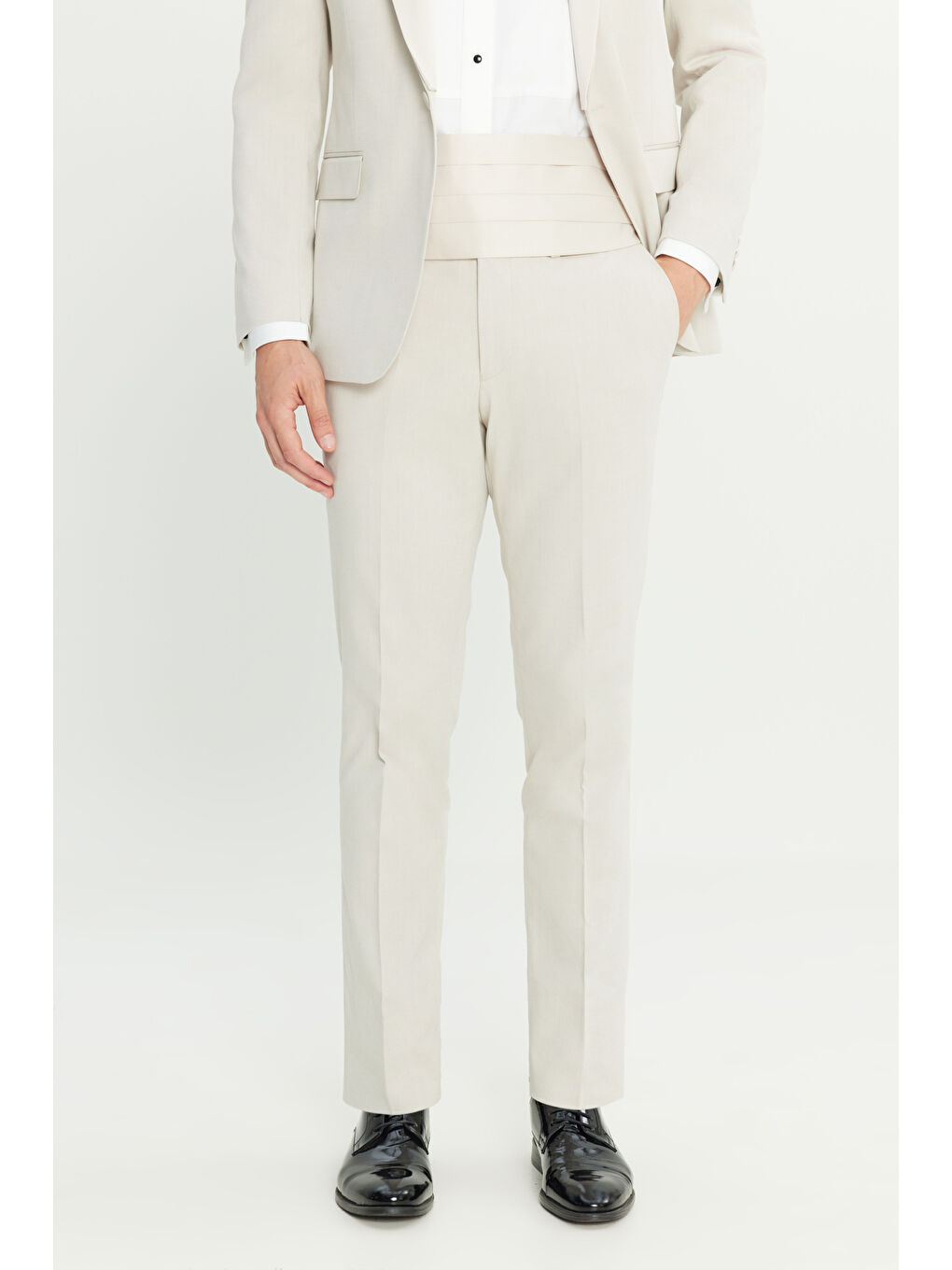 Erkek Bej Pamuklu Slim Fit Dar Kesim Çıkma Şal Yaka Kapak Ceplii Damatlık Smokin Takım-4