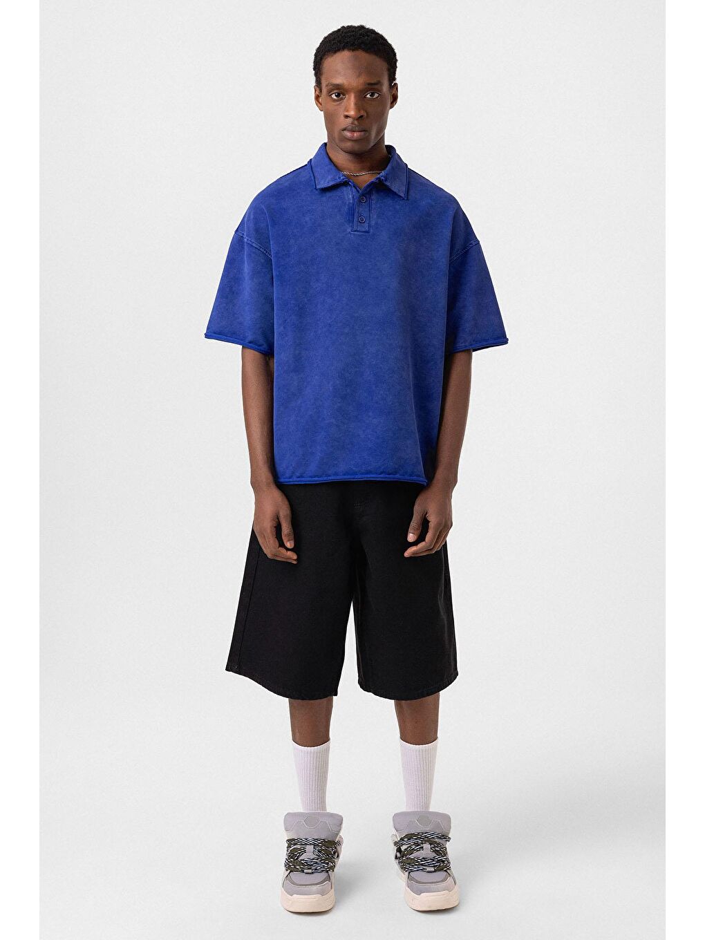 Mavi Polo Yaka Yıkamalı Oversize Tişört Saks