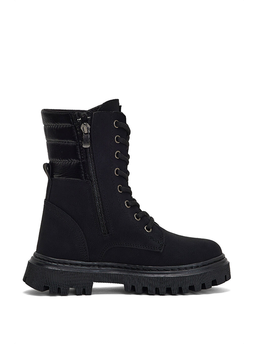 Kız Çocuk Siyah Termo Taban Yanı Kapitone Desenli Bağcıklı ve Fermuarlı Bot-1