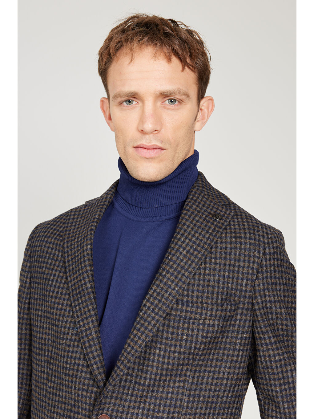 Erkek Kahverengi-Lacivert Slim Fit Dar Kesim Mono Yaka Desenli Yünlü Ceket-4