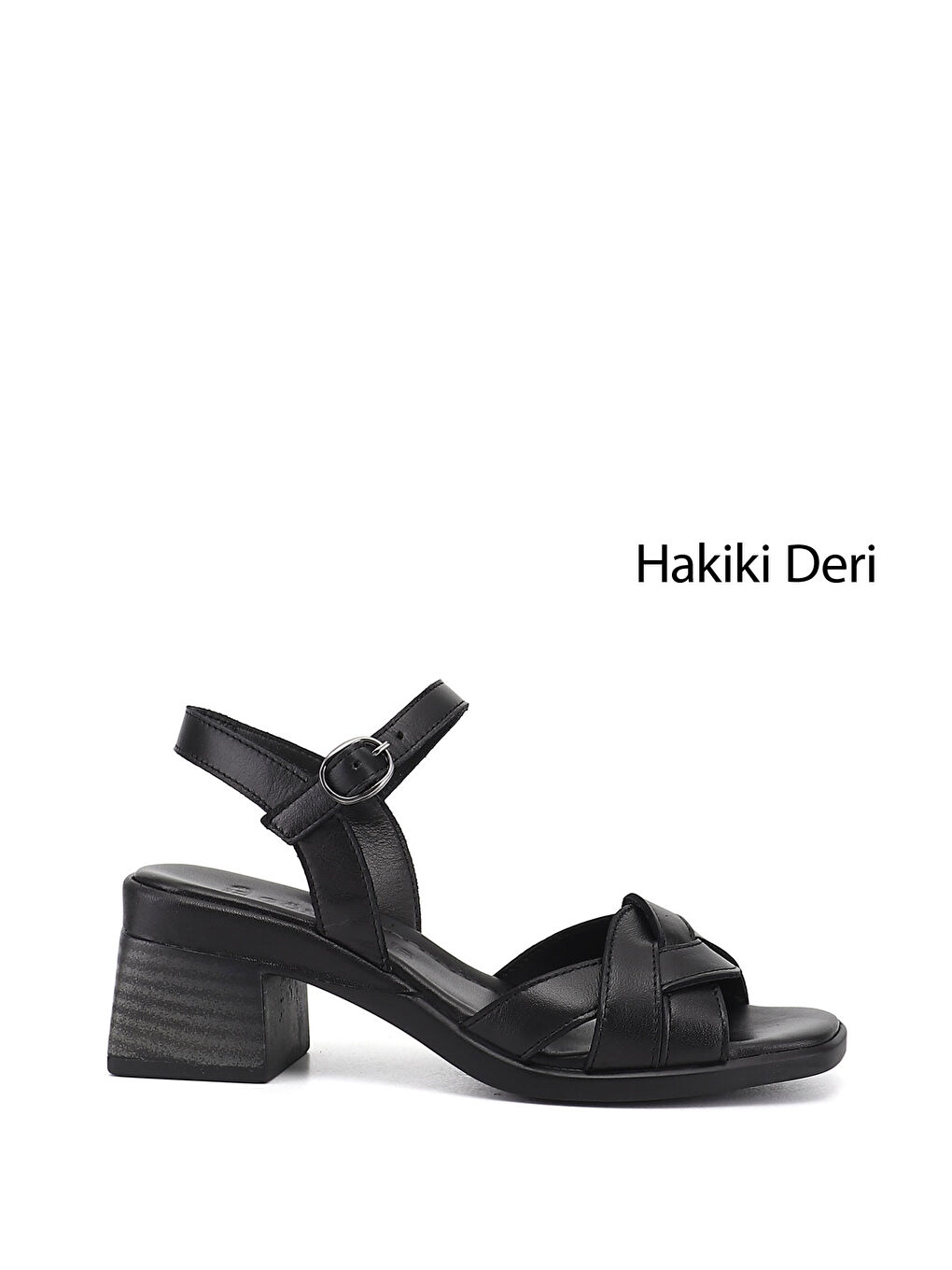 Siyah Kadın SİYAH Örgü Bantlı Kalın Topuklu Hakiki Deri Sandalet