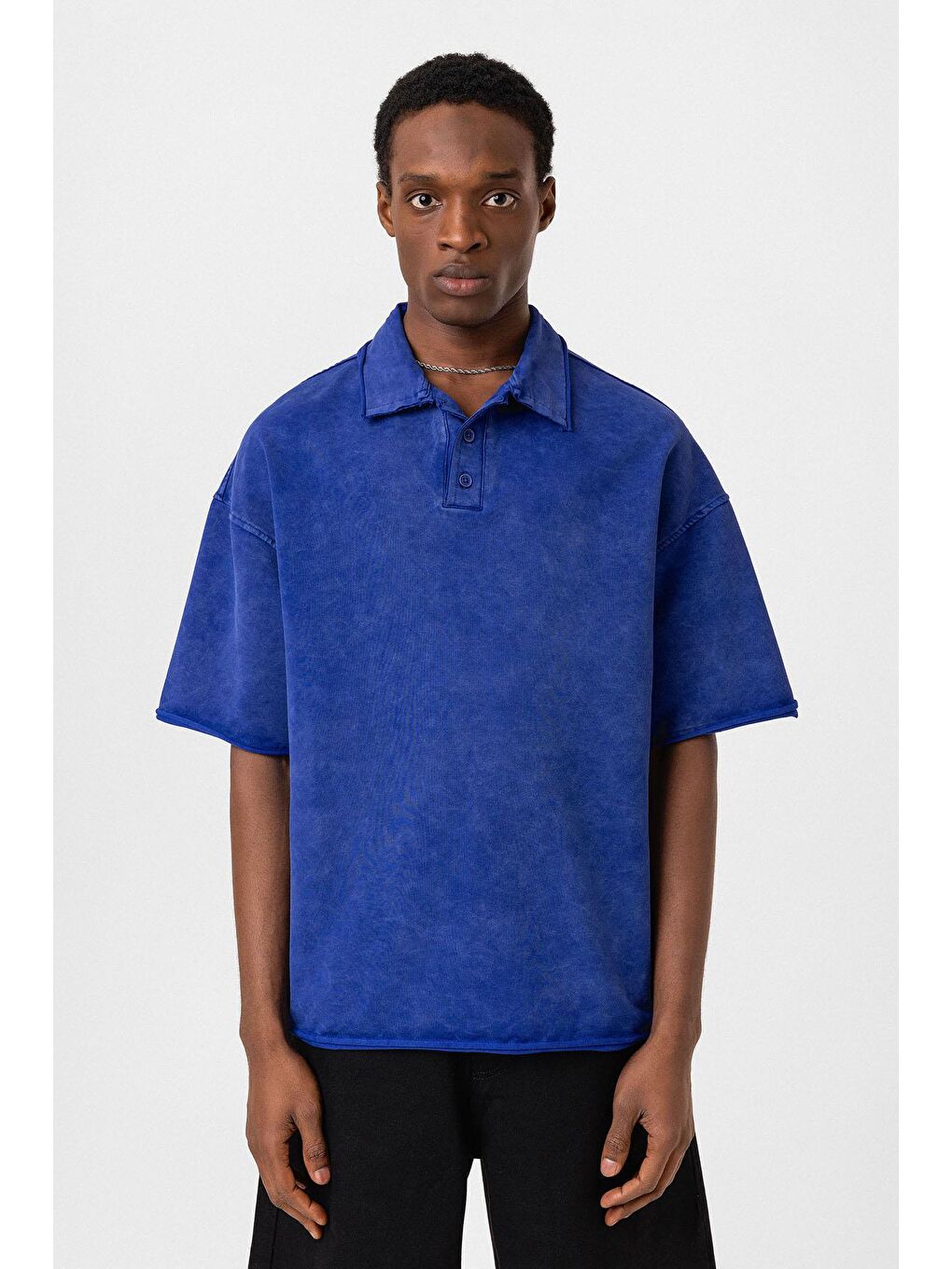 Mavi Polo Yaka Yıkamalı Oversize Tişört Saks-2