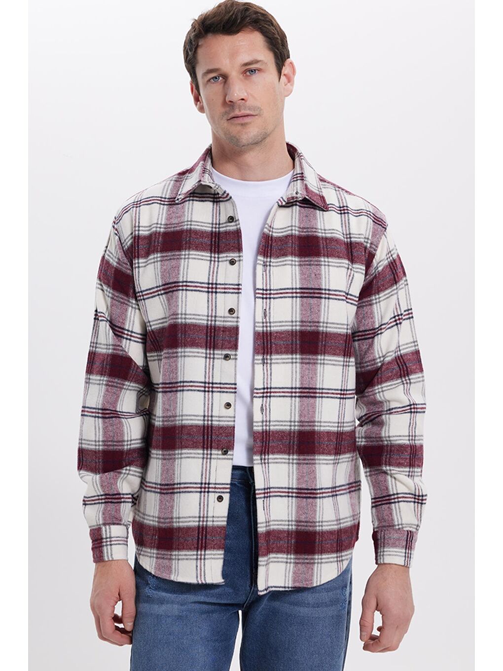 Bordo Erkek Relax Fit Rahat Kesim Kışlık Kareli Oduncu Gömlek-1