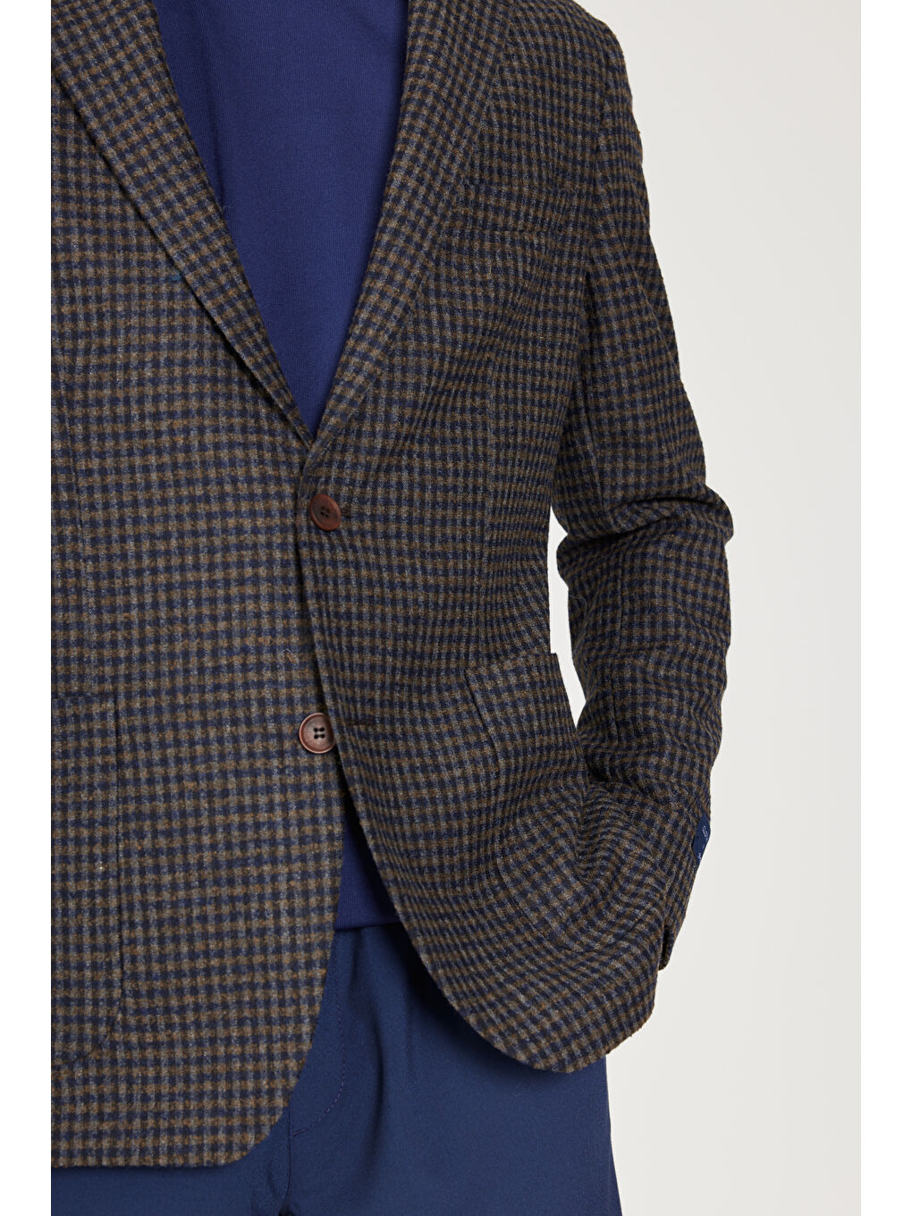 Erkek Kahverengi-Lacivert Slim Fit Dar Kesim Mono Yaka Desenli Yünlü Ceket-5