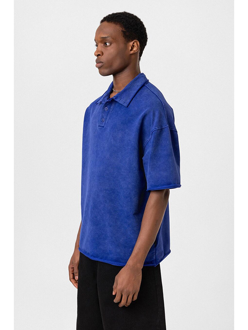 Mavi Polo Yaka Yıkamalı Oversize Tişört Saks-3