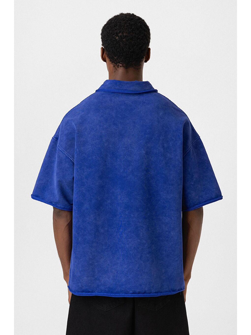 Mavi Polo Yaka Yıkamalı Oversize Tişört Saks-4