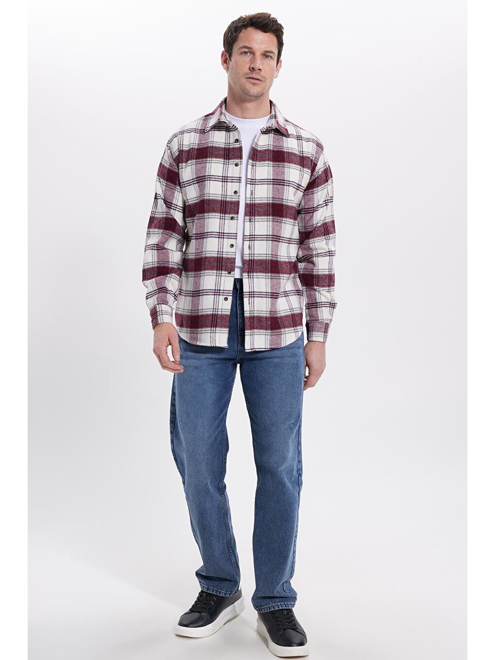 Bordo Erkek Relax Fit Rahat Kesim Kışlık Kareli Oduncu Gömlek-2