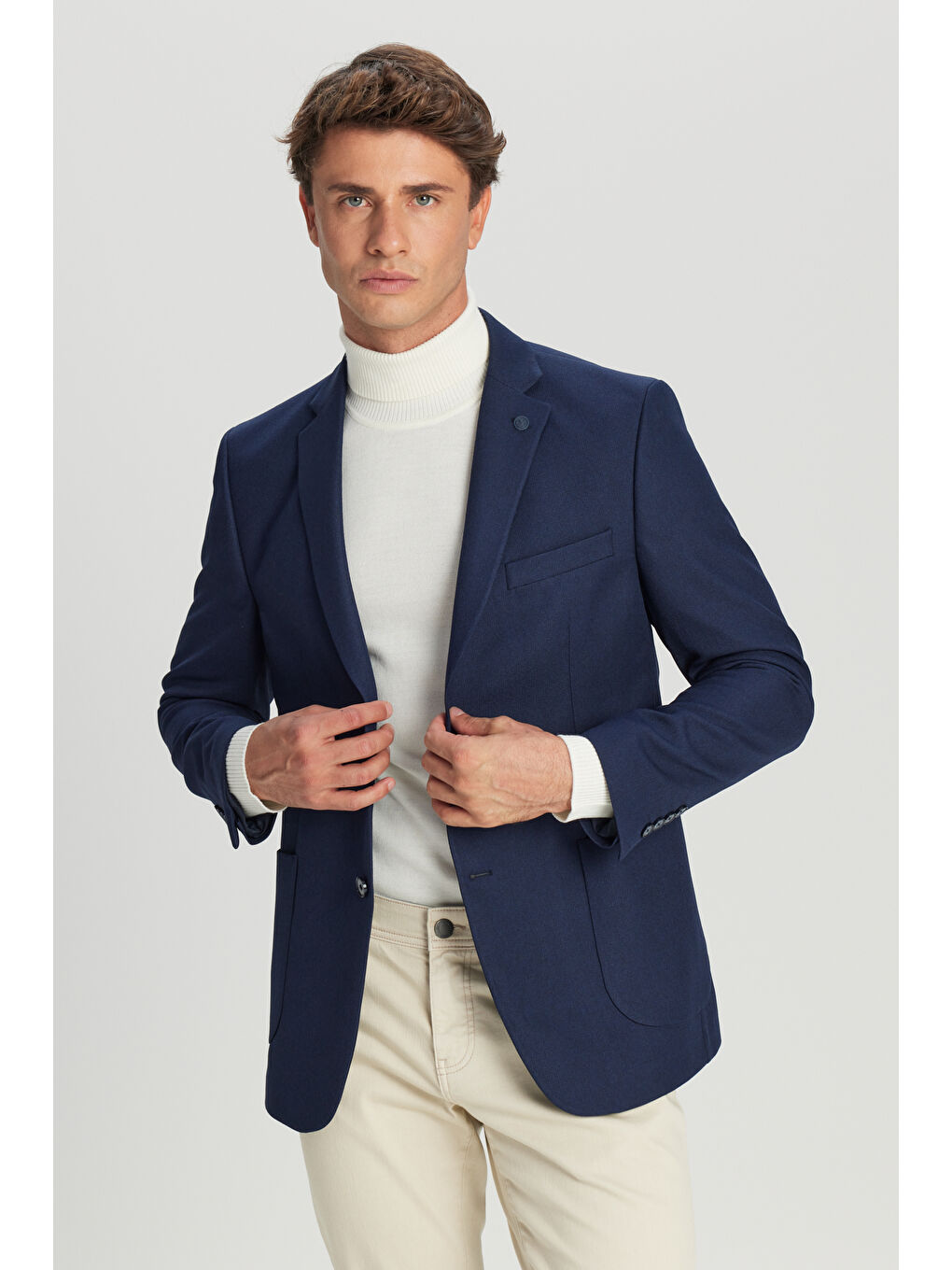 Erkek Lacivert Slim Fit Dar Kesim Mono Yaka Torba Cepli Blazer Ceket-2