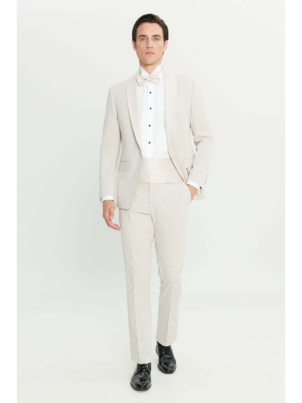 Erkek Bej Pamuklu Slim Fit Dar Kesim Çıkma Şal Yaka Kapak Ceplii Damatlık Smokin Takım-5