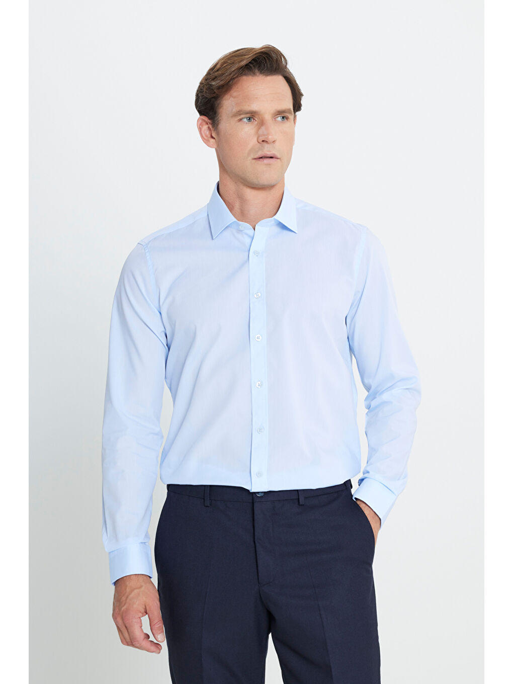 Erkek Açık Mavi Su Geçirmeyen Leke Tutmaz %100 Pamuk Slim Fit Dar Kesim Klasik Yaka Nano Gömlek