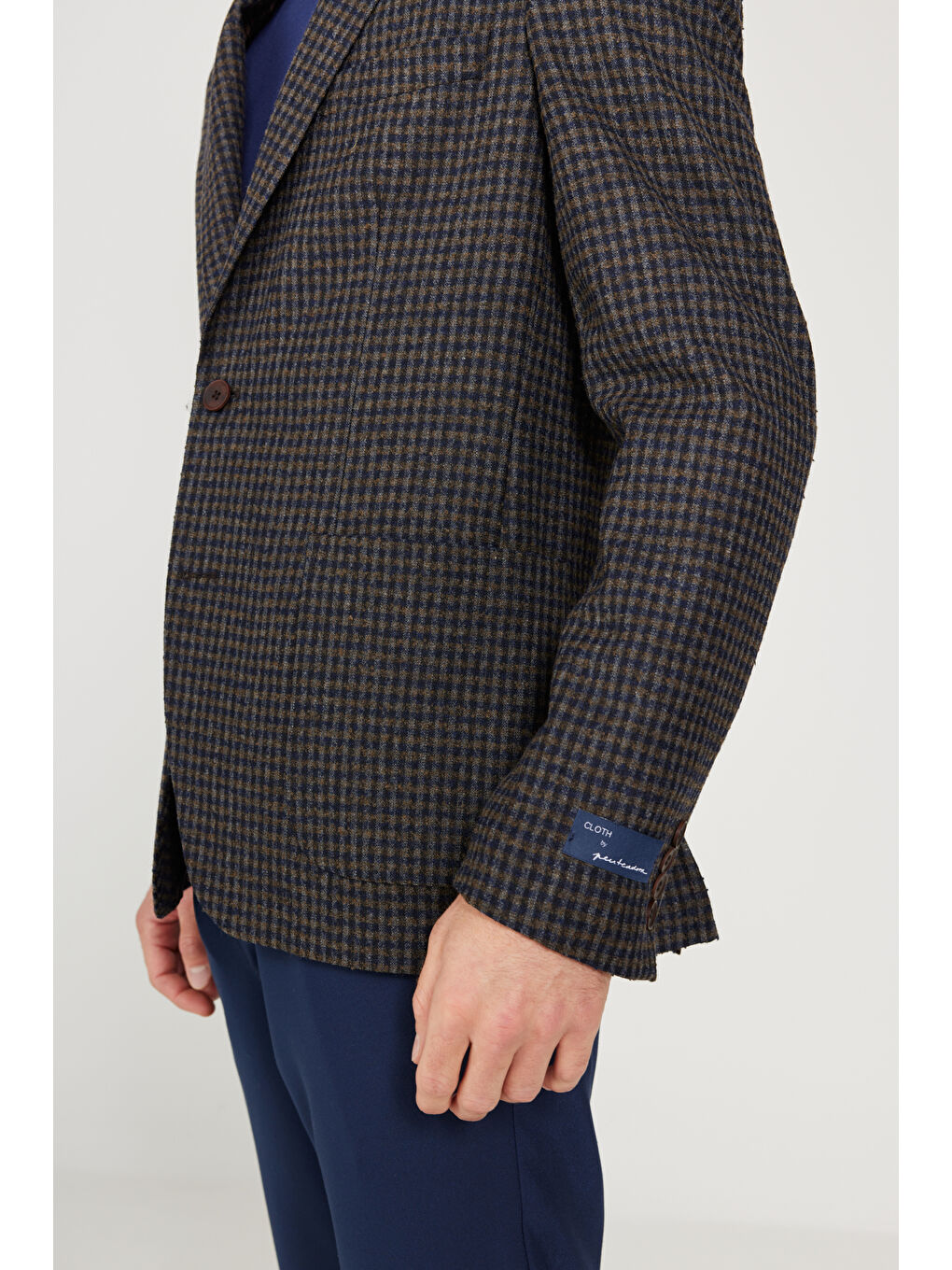 Erkek Kahverengi-Lacivert Slim Fit Dar Kesim Mono Yaka Desenli Yünlü Ceket-6