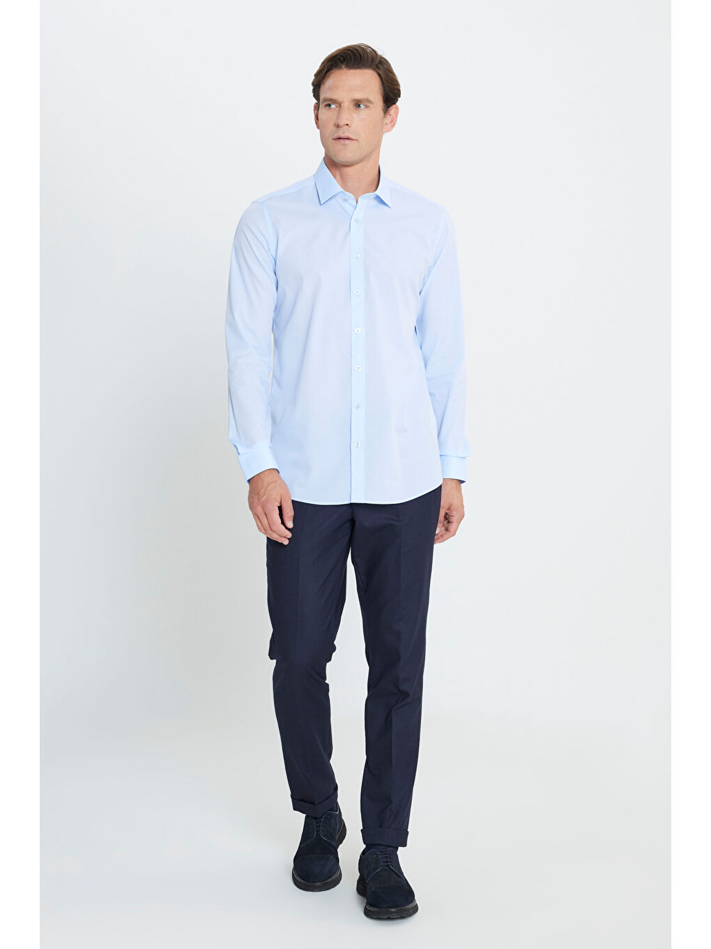 Erkek Açık Mavi Su Geçirmeyen Leke Tutmaz %100 Pamuk Slim Fit Dar Kesim Klasik Yaka Nano Gömlek-1