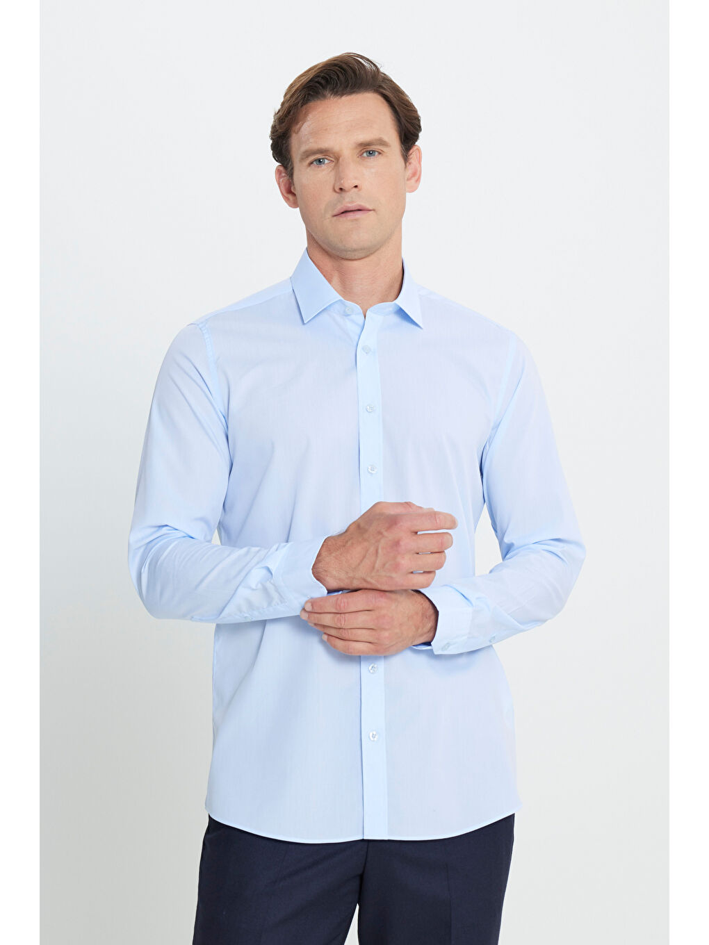 Erkek Açık Mavi Su Geçirmeyen Leke Tutmaz %100 Pamuk Slim Fit Dar Kesim Klasik Yaka Nano Gömlek-2