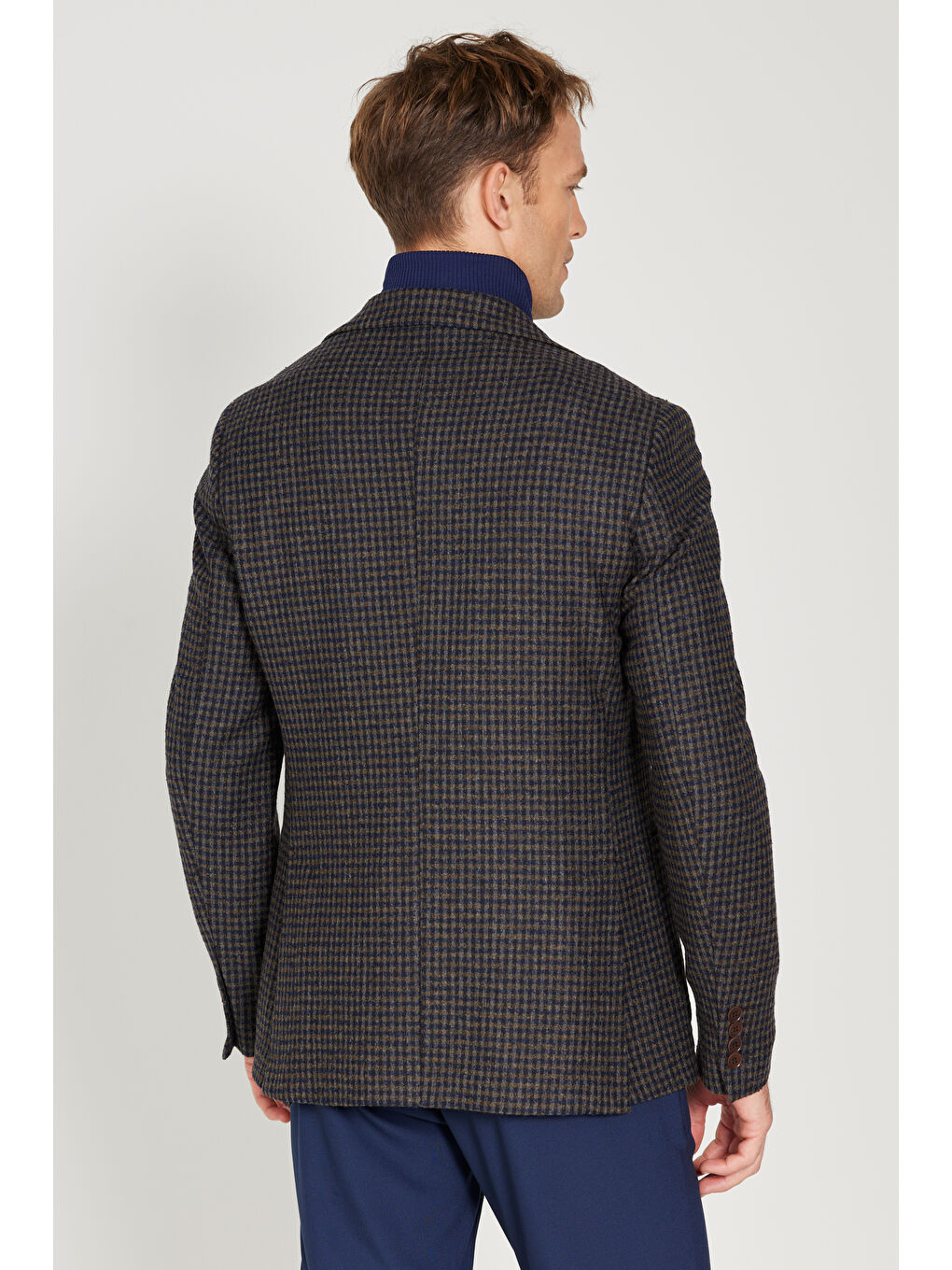 Erkek Kahverengi-Lacivert Slim Fit Dar Kesim Mono Yaka Desenli Yünlü Ceket-7