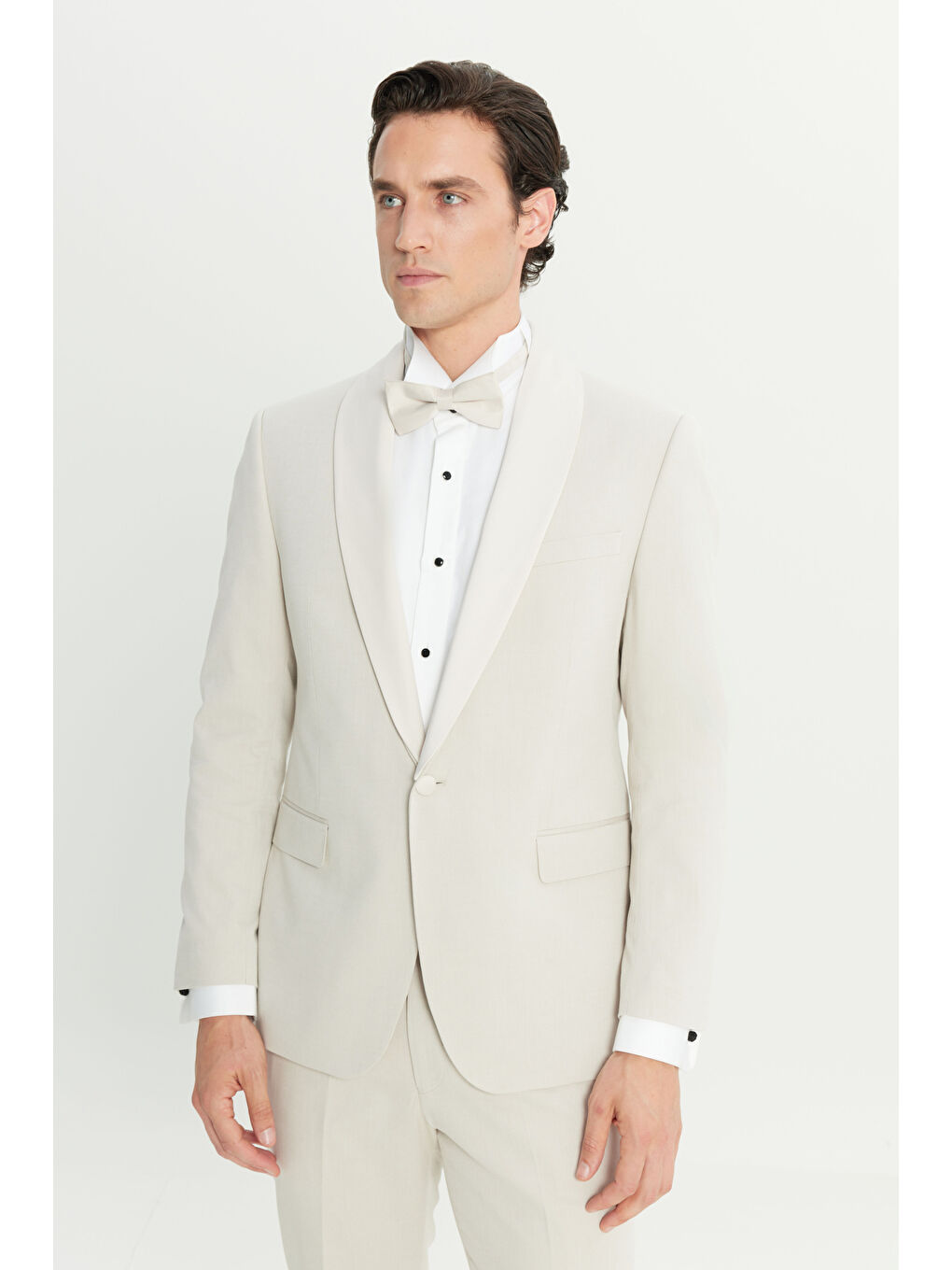 Erkek Bej Pamuklu Slim Fit Dar Kesim Çıkma Şal Yaka Kapak Ceplii Damatlık Smokin Takım-6