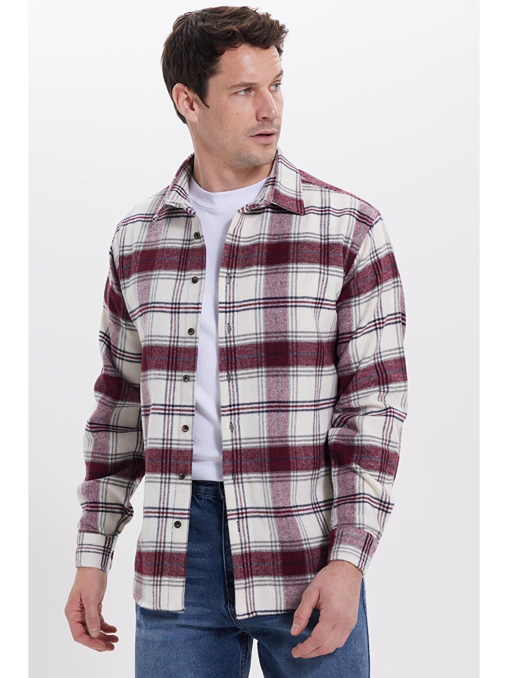 Bordo Erkek Relax Fit Rahat Kesim Kışlık Kareli Oduncu Gömlek-6