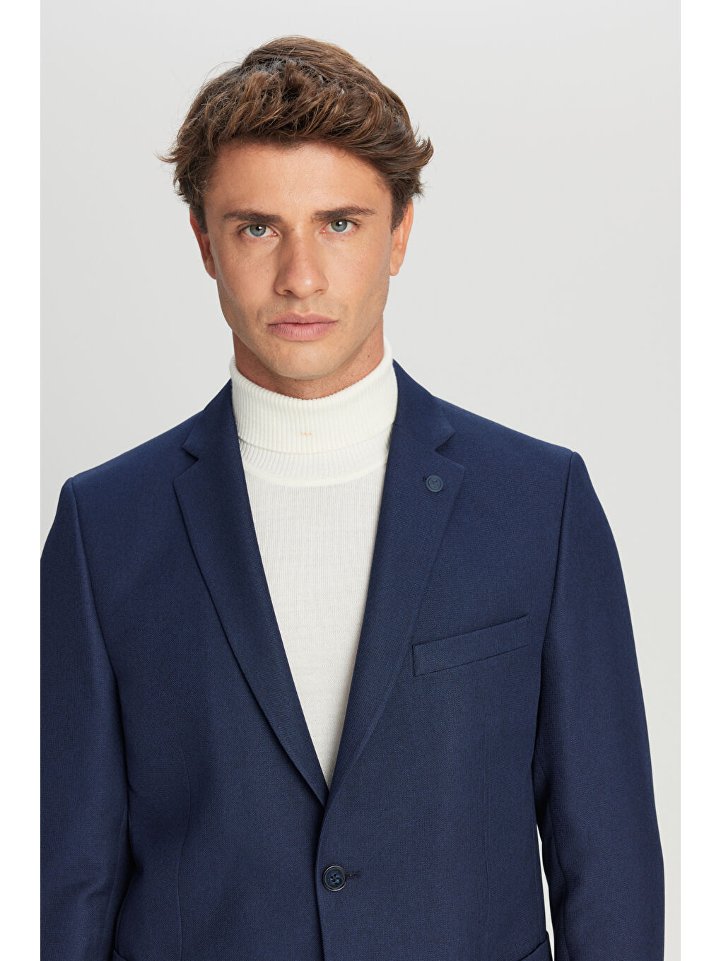 Erkek Lacivert Slim Fit Dar Kesim Mono Yaka Torba Cepli Blazer Ceket-3