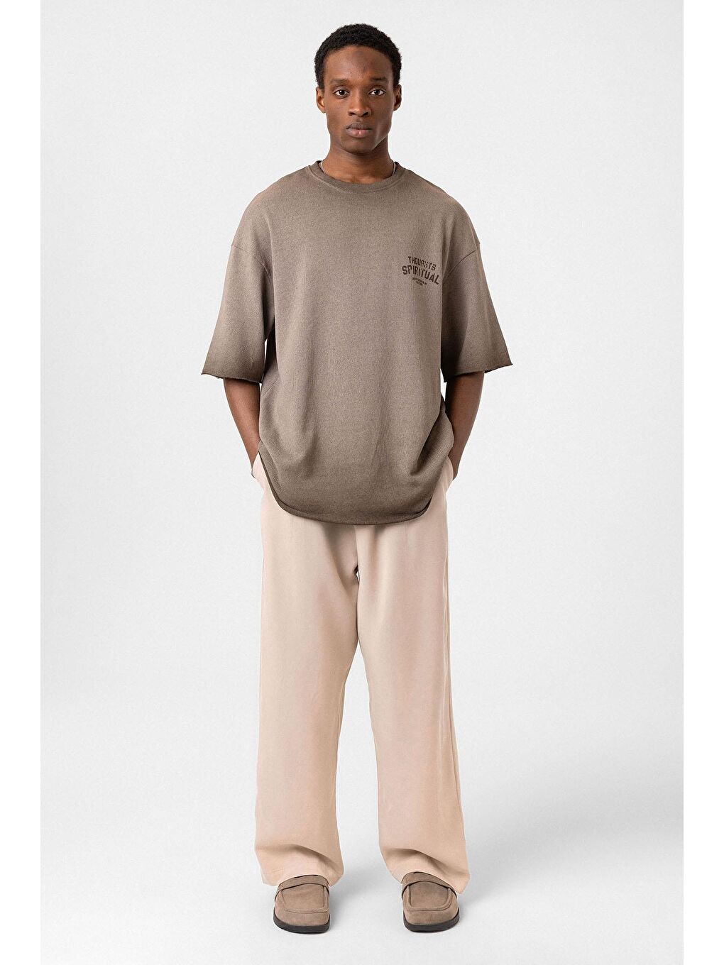 Kahverengi Yıkamalı Oversize Triko Tişört Kahve