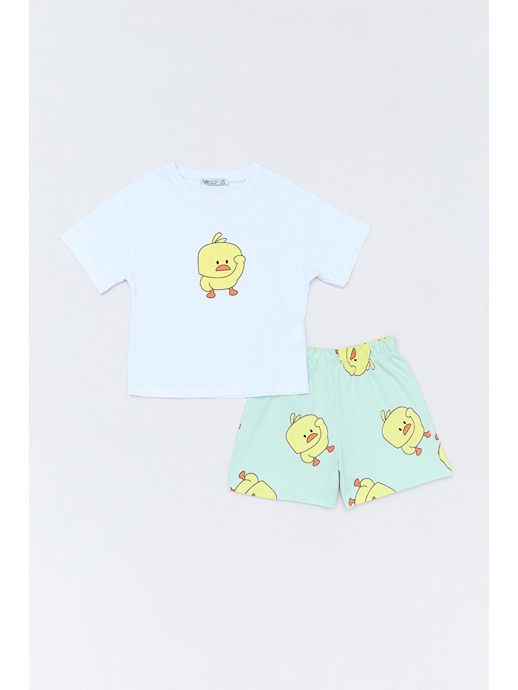 Turkuaz %100 Pamuk Civciv Baskılı Kız Çocuk Şortlu Pijama Takımı