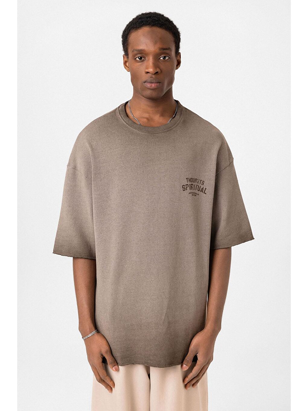 Kahverengi Yıkamalı Oversize Triko Tişört Kahve-2