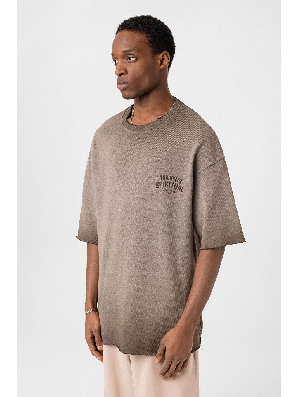 Kahverengi Yıkamalı Oversize Triko Tişört Kahve-3