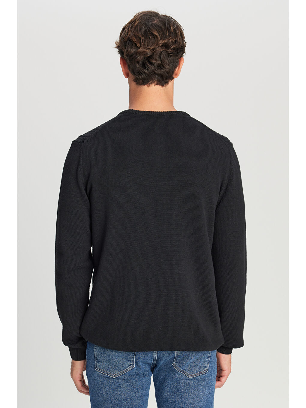 Erkek Siyah Pamuklu Standart Fit Normal Kesim Bisiklet Yaka Jakarlı Triko Kazak-4