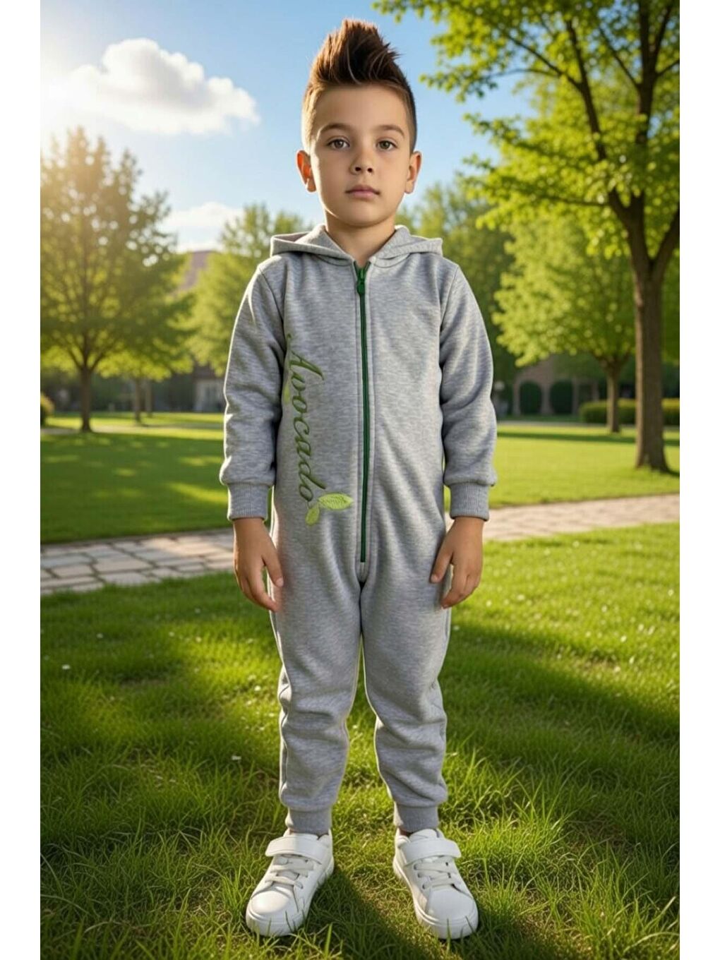 Erkek Bebek Avacado Yazı ve Arkasında Avakado İşlemeli Fermuarlı Gri Tulum