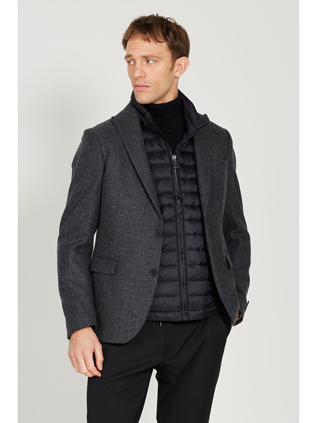 Erkek Antrasit Slim Fit Dar Kesim Kırlangıç Yaka Desenli Yünlü Ceket