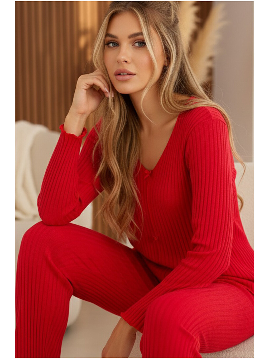 Kırmızı Fiyonklu Fitilli Kaşkorse Uzun Kollu Pijama Takım 7937
