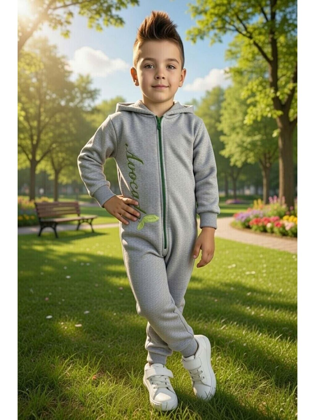 Erkek Bebek Avacado Yazı ve Arkasında Avakado İşlemeli Fermuarlı Gri Tulum-1