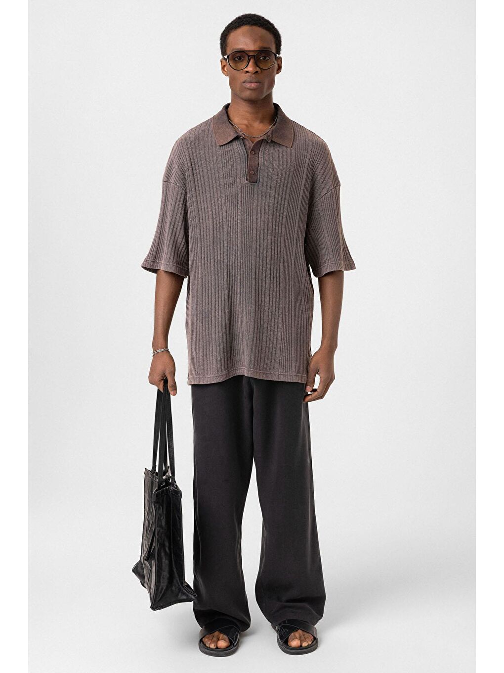 Kahverengi Polo Yaka Oversize Triko Kahve