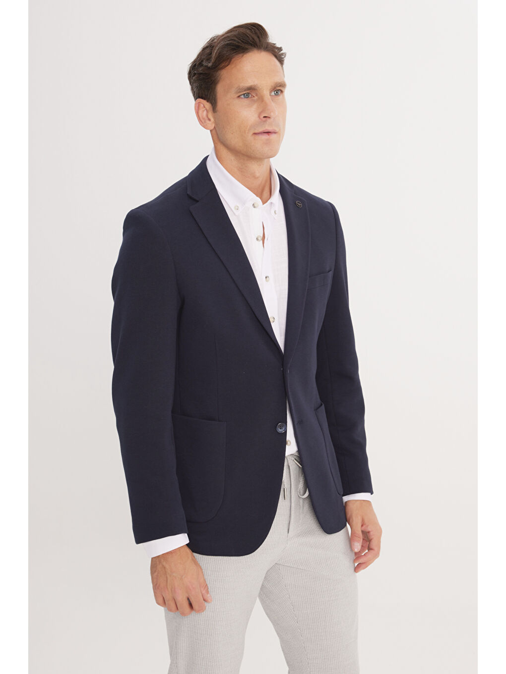 Erkek Lacivert Pamuklu Slim Fit Dar Kesim Mono Yaka Armürlü Torba Cepli Blazer Ceket