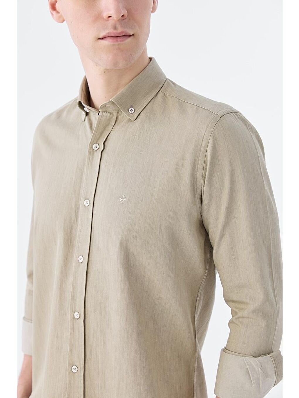 Bej Slim Fit Cepli Düğmeli Yaka %100 Pamuk Gömlek-2