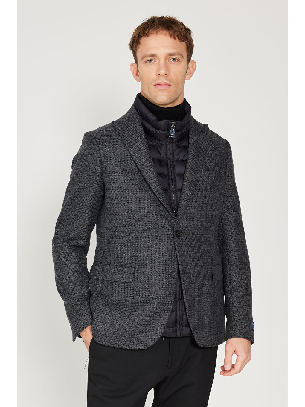 Erkek Antrasit Slim Fit Dar Kesim Kırlangıç Yaka Desenli Yünlü Ceket-4