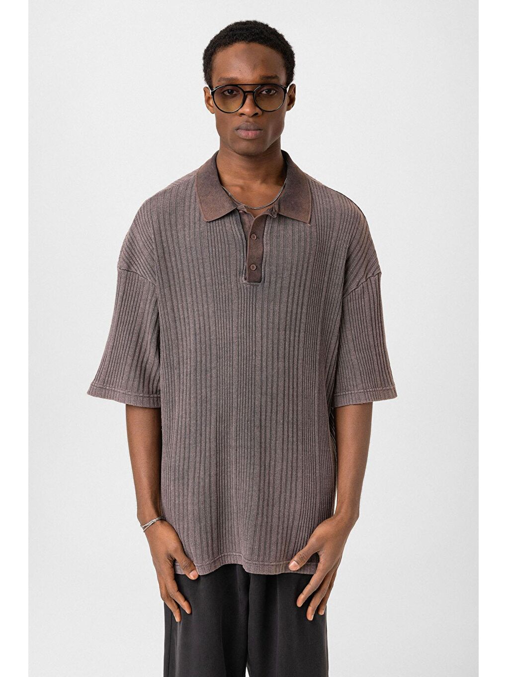Kahverengi Polo Yaka Oversize Triko Kahve-2
