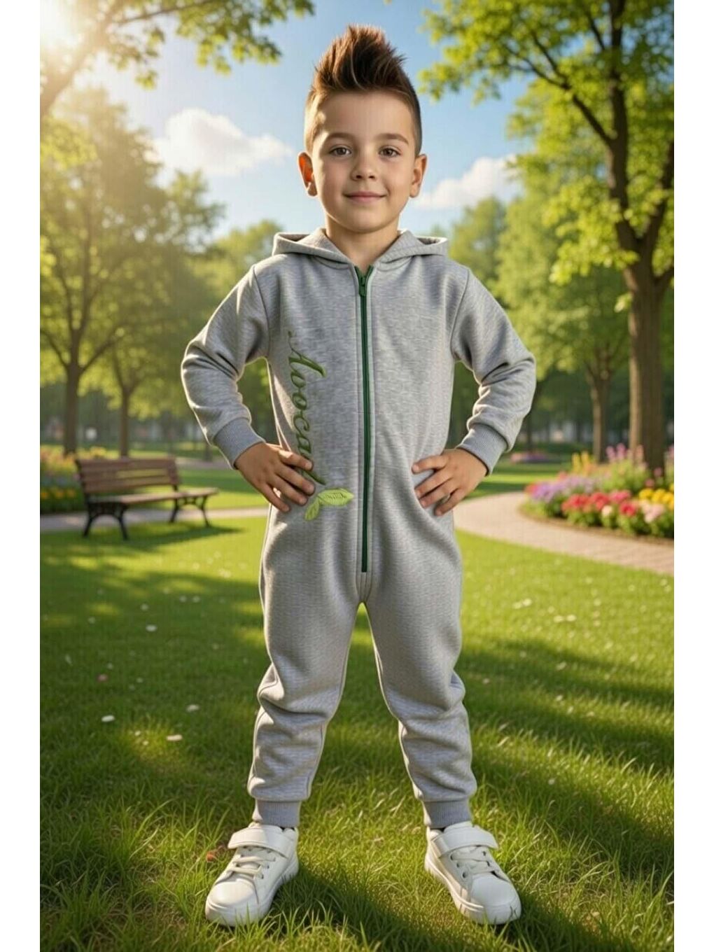 Erkek Bebek Avacado Yazı ve Arkasında Avakado İşlemeli Fermuarlı Gri Tulum-2