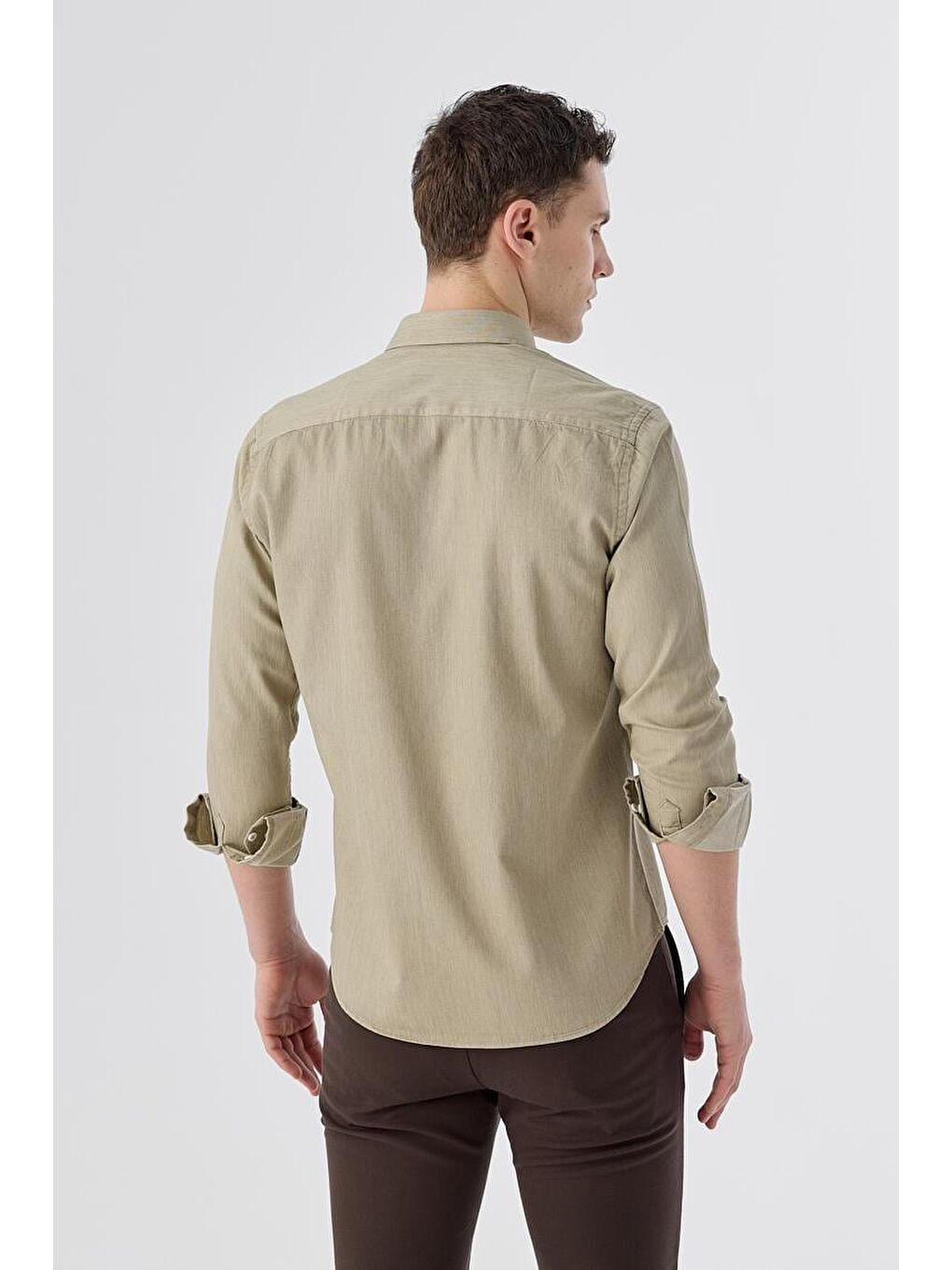 Bej Slim Fit Cepli Düğmeli Yaka %100 Pamuk Gömlek-3