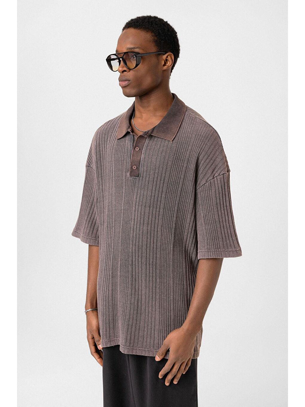 Kahverengi Polo Yaka Oversize Triko Kahve-3