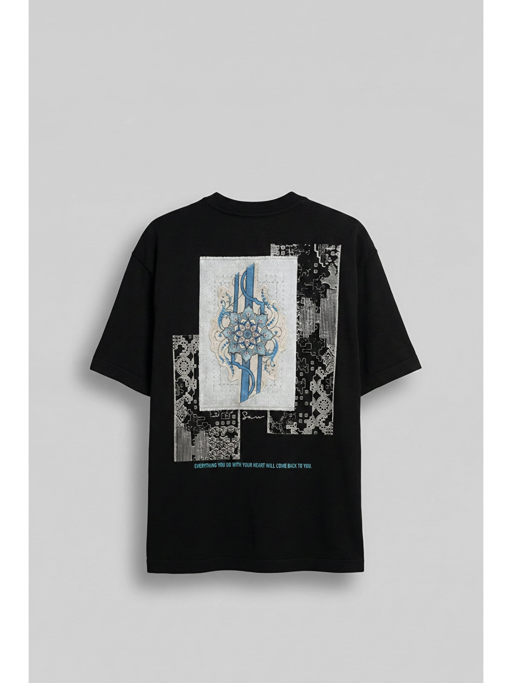 Erkek Oversize Nakış Detaylı Anadolu Motifi T-Shirt Siyah