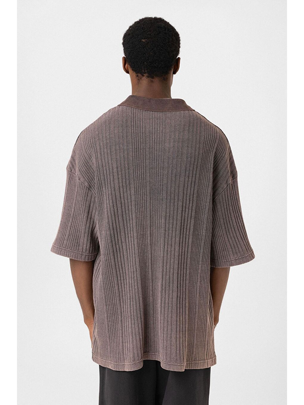 Kahverengi Polo Yaka Oversize Triko Kahve-4