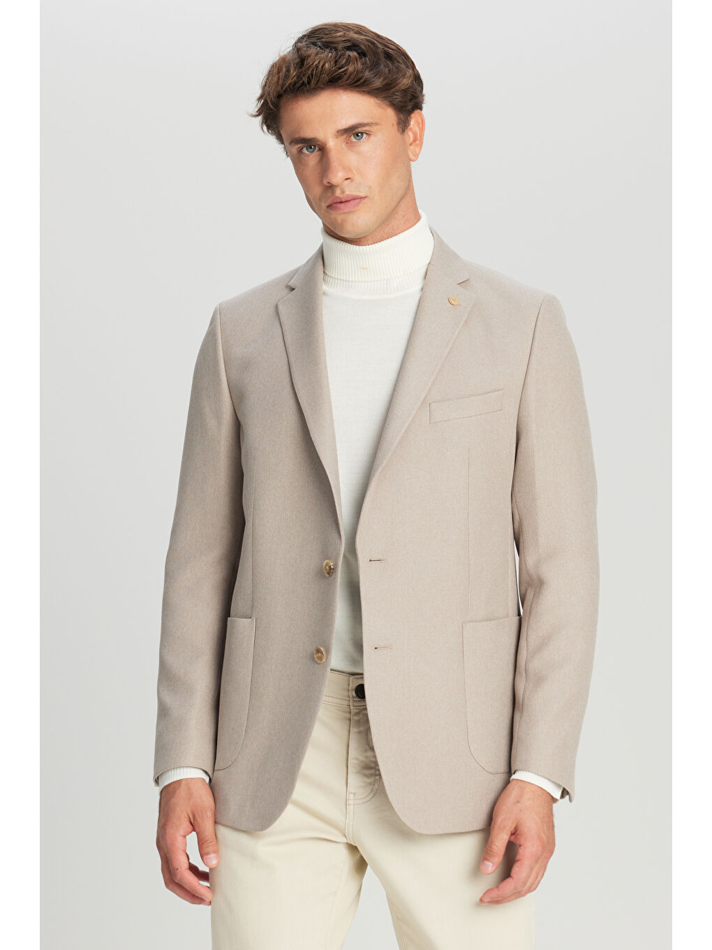 Erkek Bej Slim Fit Dar Kesim Mono Yaka Torba Cepli Blazer Ceket
