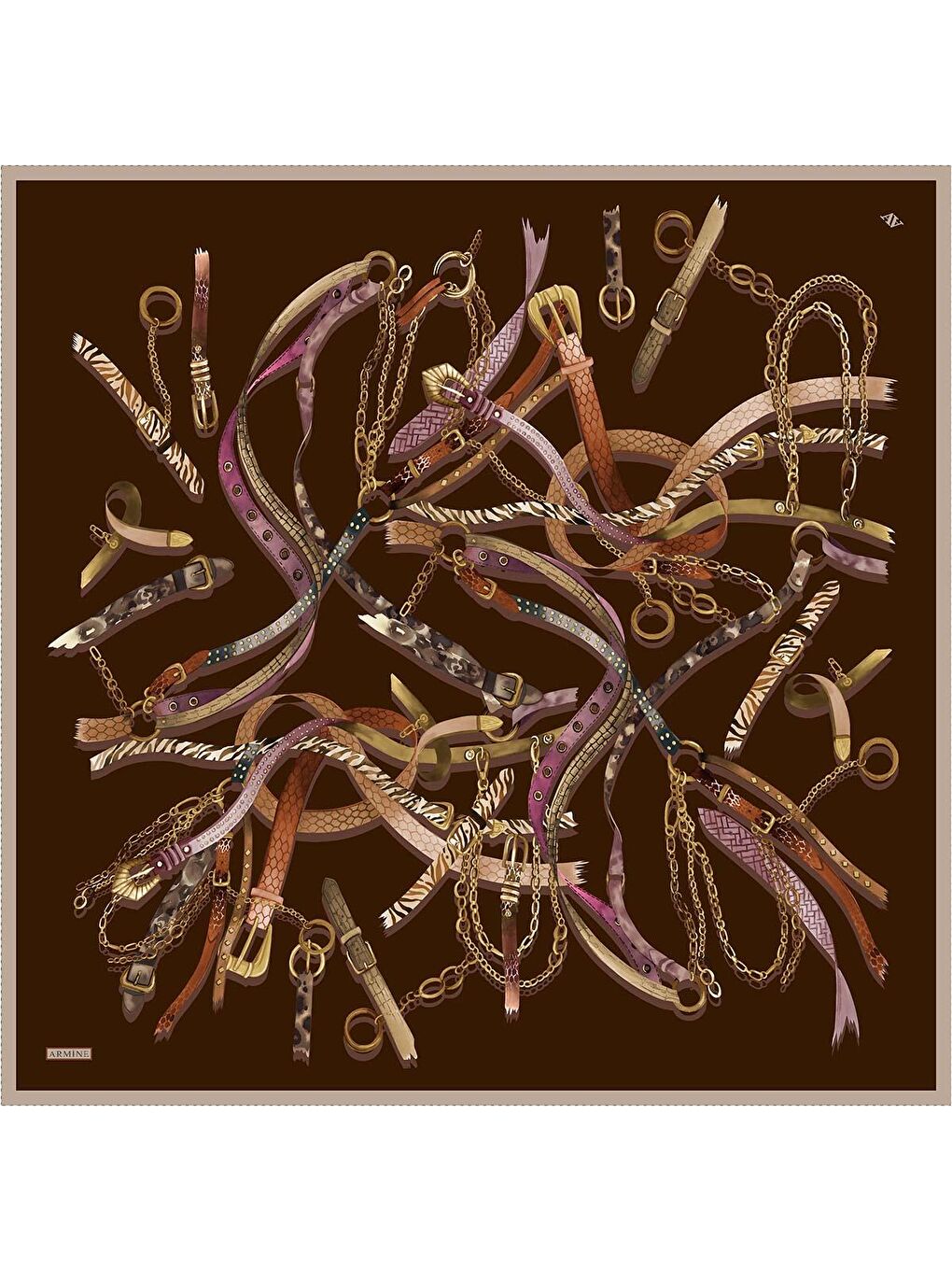 Kahverengi Obje Desenli Saf İpek Twill Eşarp 9422D 02-4