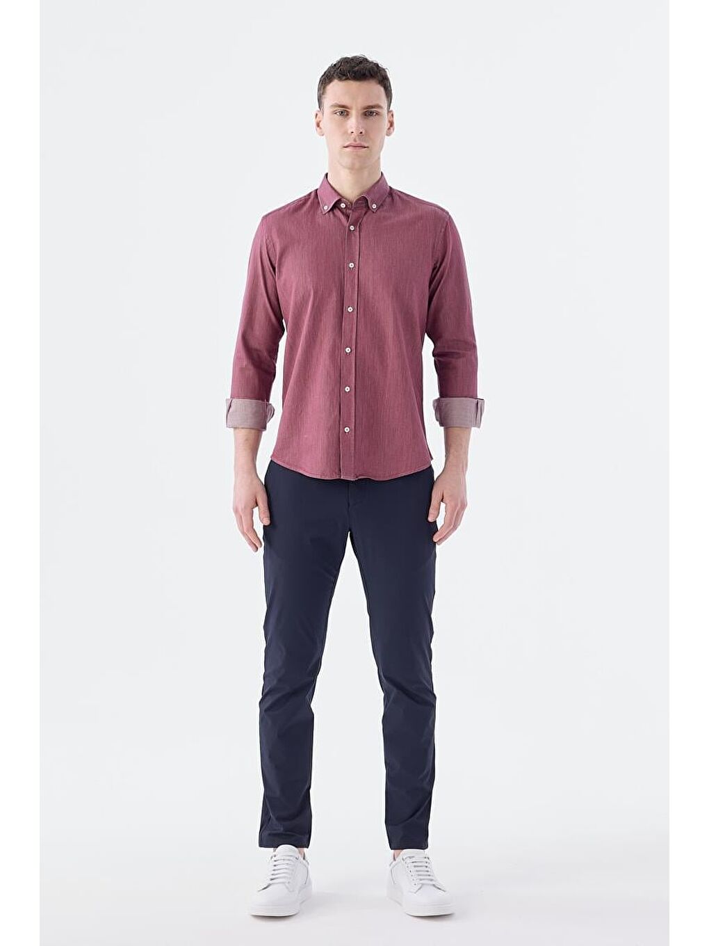 Bordo Slim Fit Cepli Düğmeli Yaka %100 Pamuk Gömlek-1