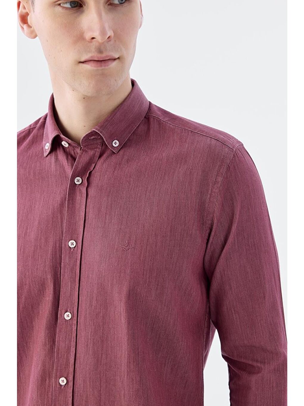 Bordo Slim Fit Cepli Düğmeli Yaka %100 Pamuk Gömlek-2