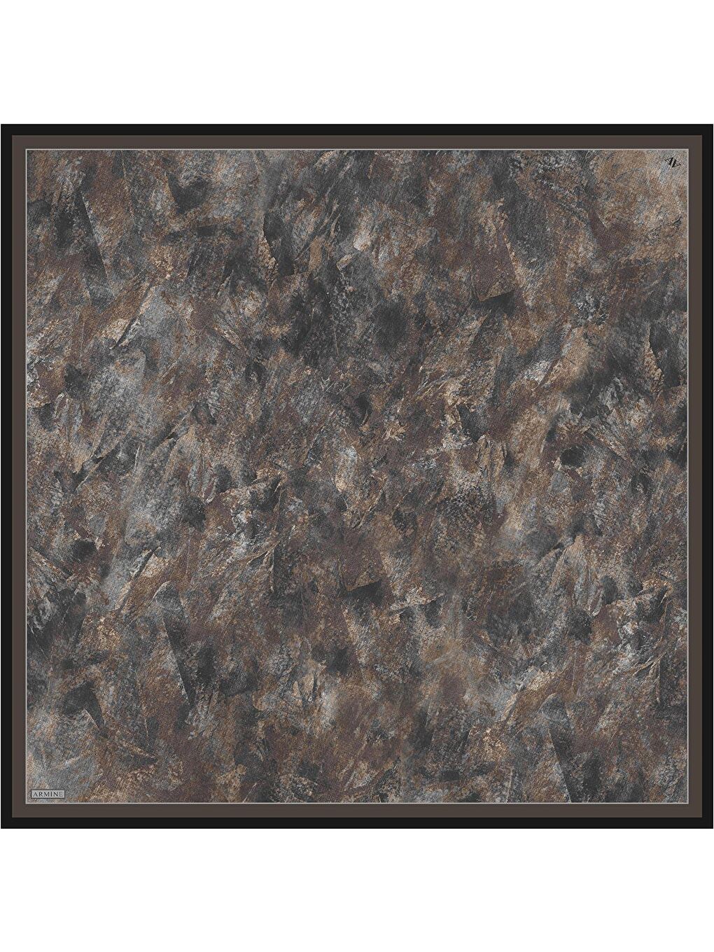 Kahverengi Soyut Desenli Saf İpek Twill Eşarp 9433D 52-3