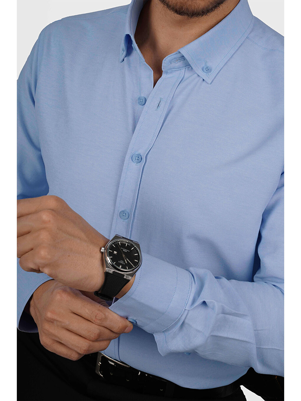 Koyu Mavi Yaka Düğmeli Premium Şamre Slimfit Erkek Gömlek