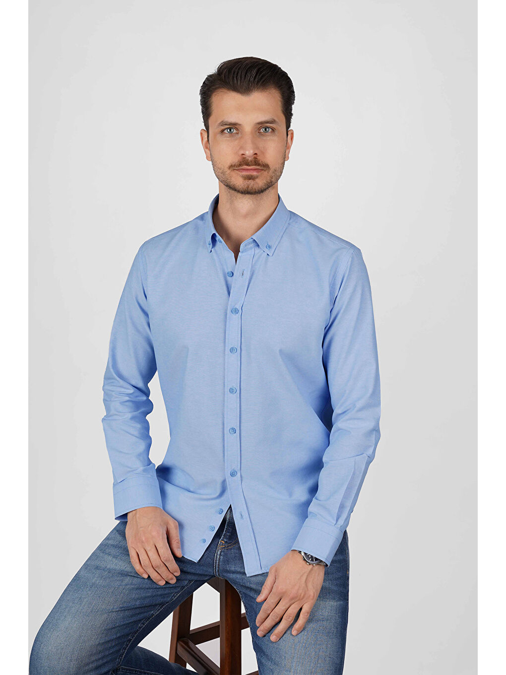 Koyu Mavi Yaka Düğmeli Premium Şamre Slimfit Erkek Gömlek-2